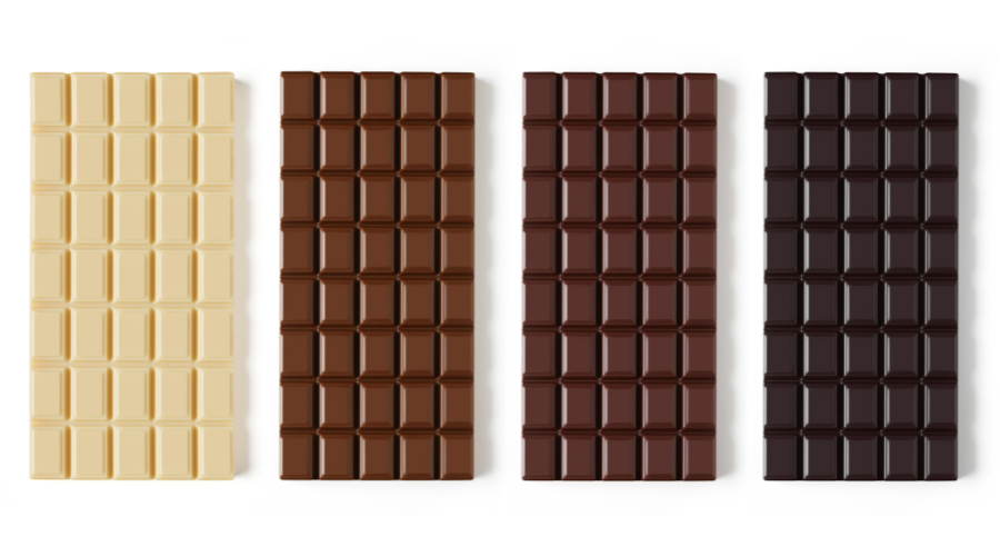 ホワイトチョコレート・スイートチョコレート・ダークチョコレート・ブラックチョコレートの板チョコ4枚